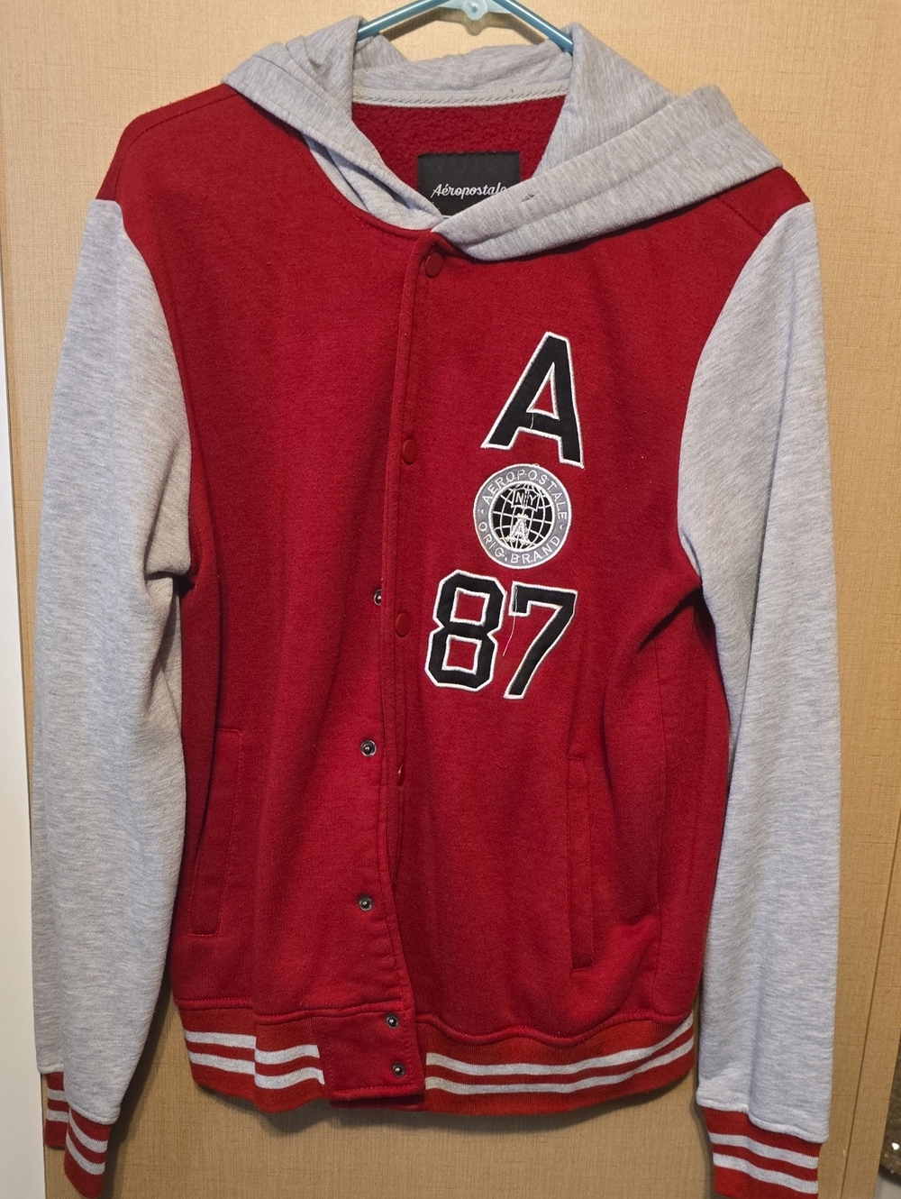 Aeropostale Red and Gray Hooded Varsity Sweat Jacket